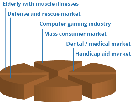 3D pie chart of: Elderly with muscle illnesses, defense and rescue market, computer gaming industry, mass consumer market, dental / medical market, handicap aid market